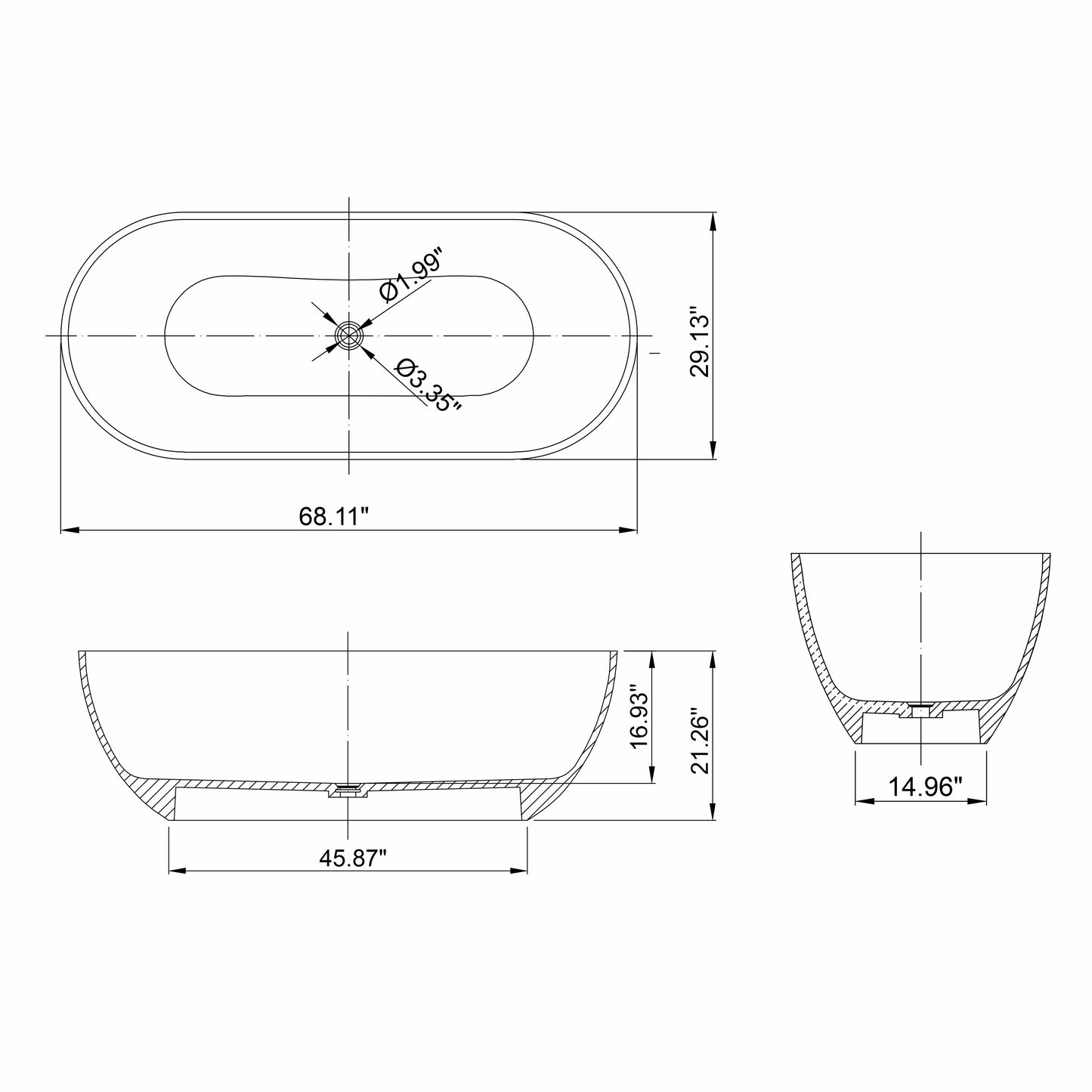 68.9” Translucent Grey Blue Oval Freestanding Soaking Bathtub for Bathroom