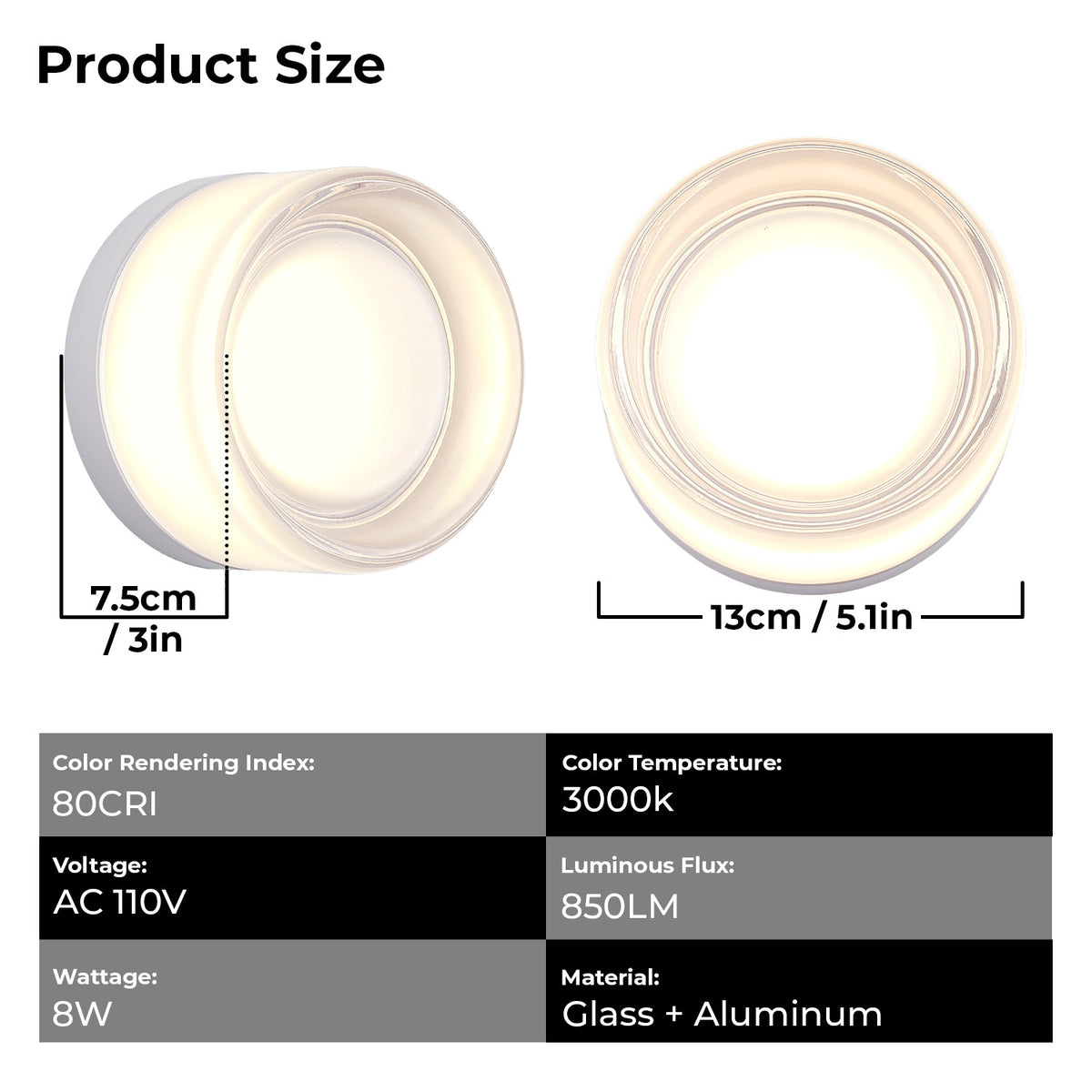 Modern White Round Glass LED Wall Sconce, 8W Warm White Wall Light for Living Room, Bedroom, Hallway & Bathroom