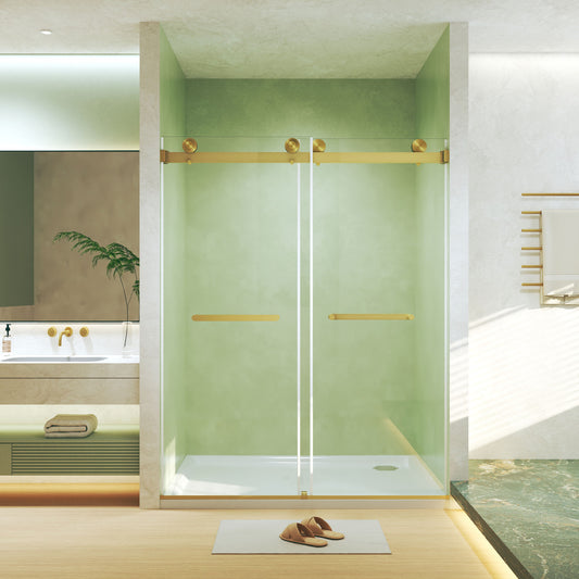 black frameless double sliding shower door in a modern walk-in shower