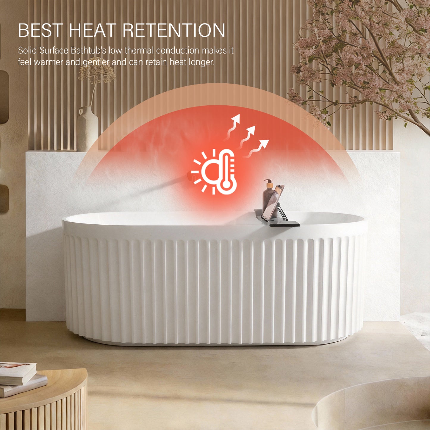 White bathtub with thermal retention feature illustration in a modern bathroom setting