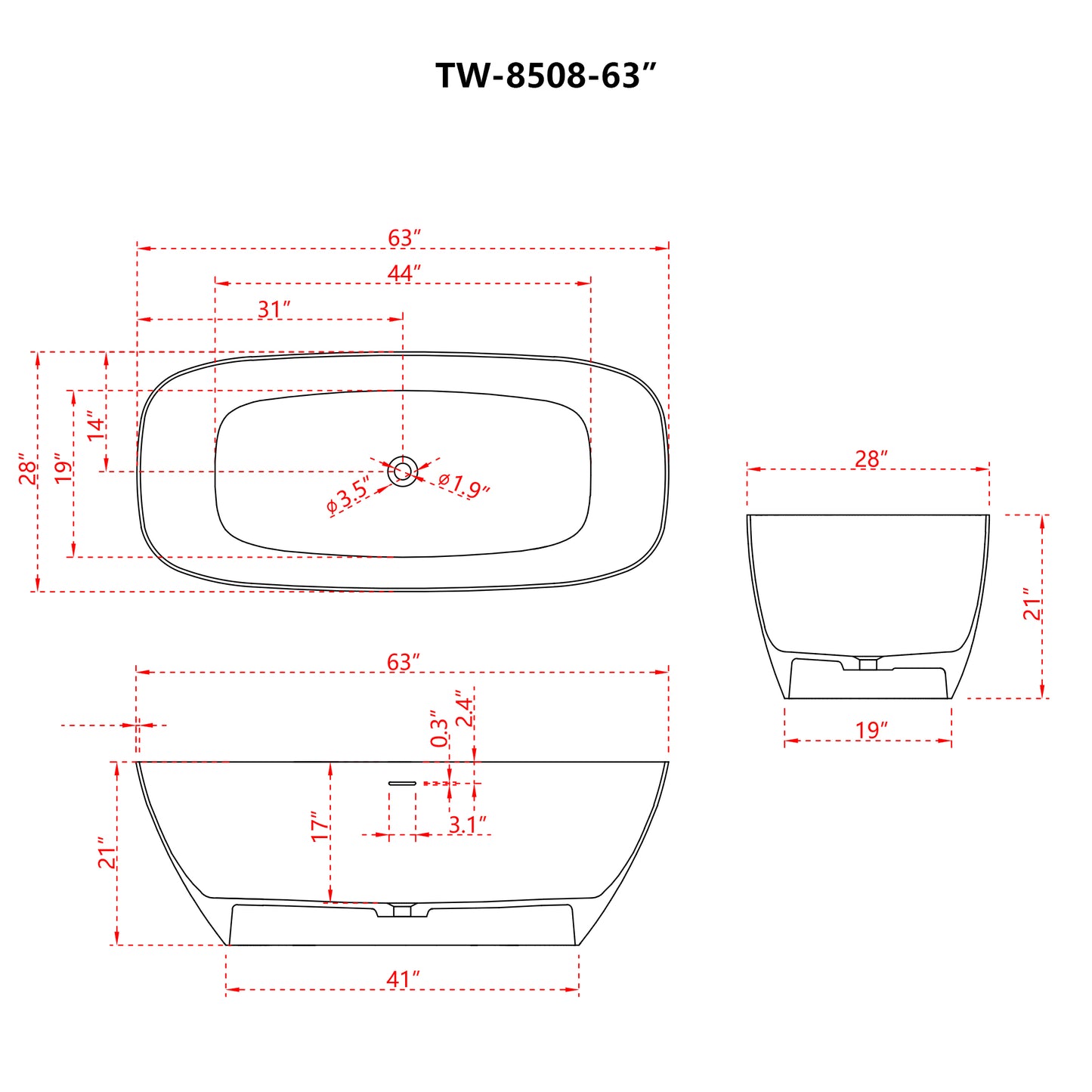 63'' x 30''Freestanding Soaking Solid Surface Bathtub in White Double Bathtub