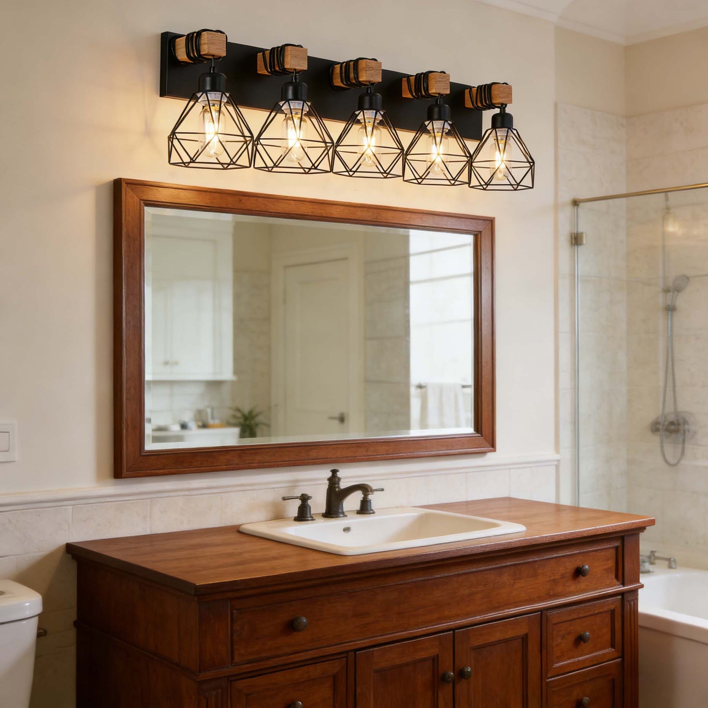 5-Light Black Vanity Light with Wood Accents - Farmhouse Metal Cage Bathroom Wall Sconce, E26 Base, Hardwired, No Bulbs