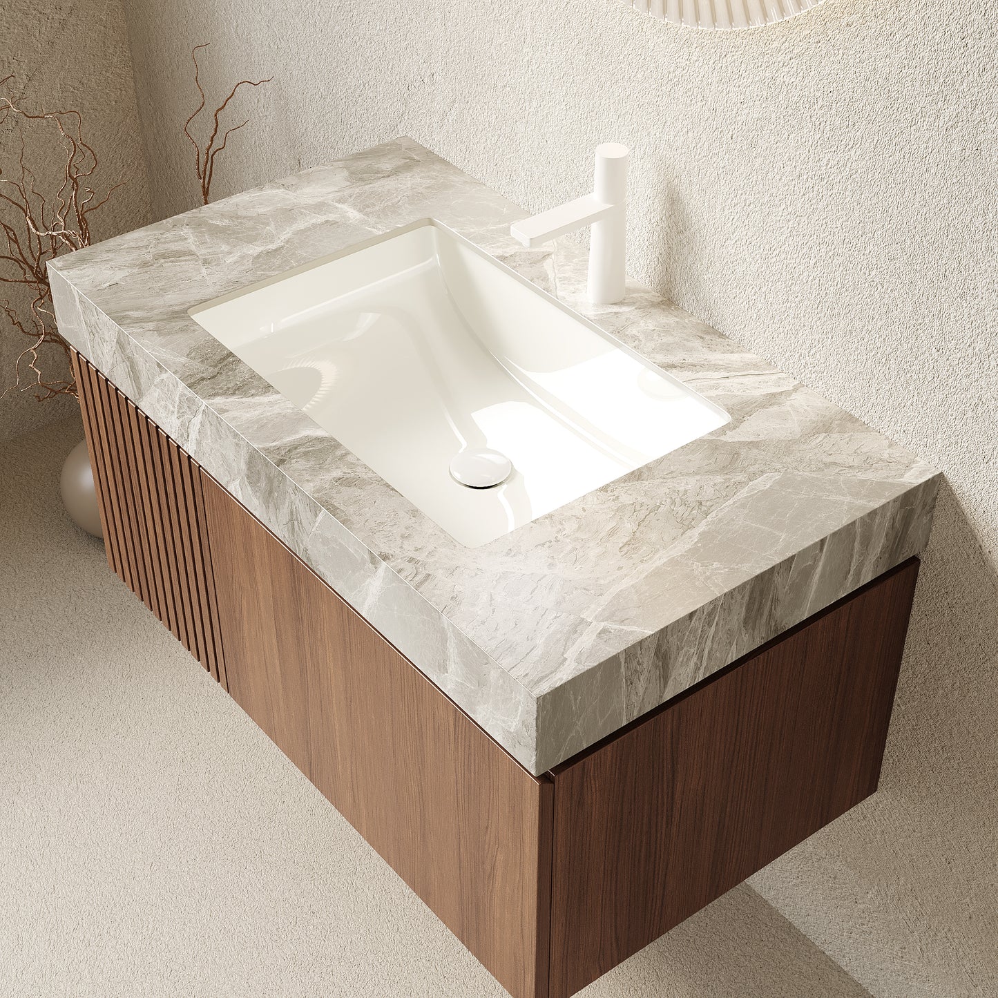 Bathroom vanity with marble countertop and wooden base