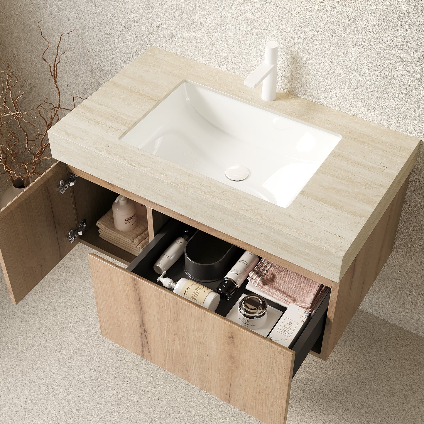 Bathroom vanity with open cabinet showing toiletries on a neutral background