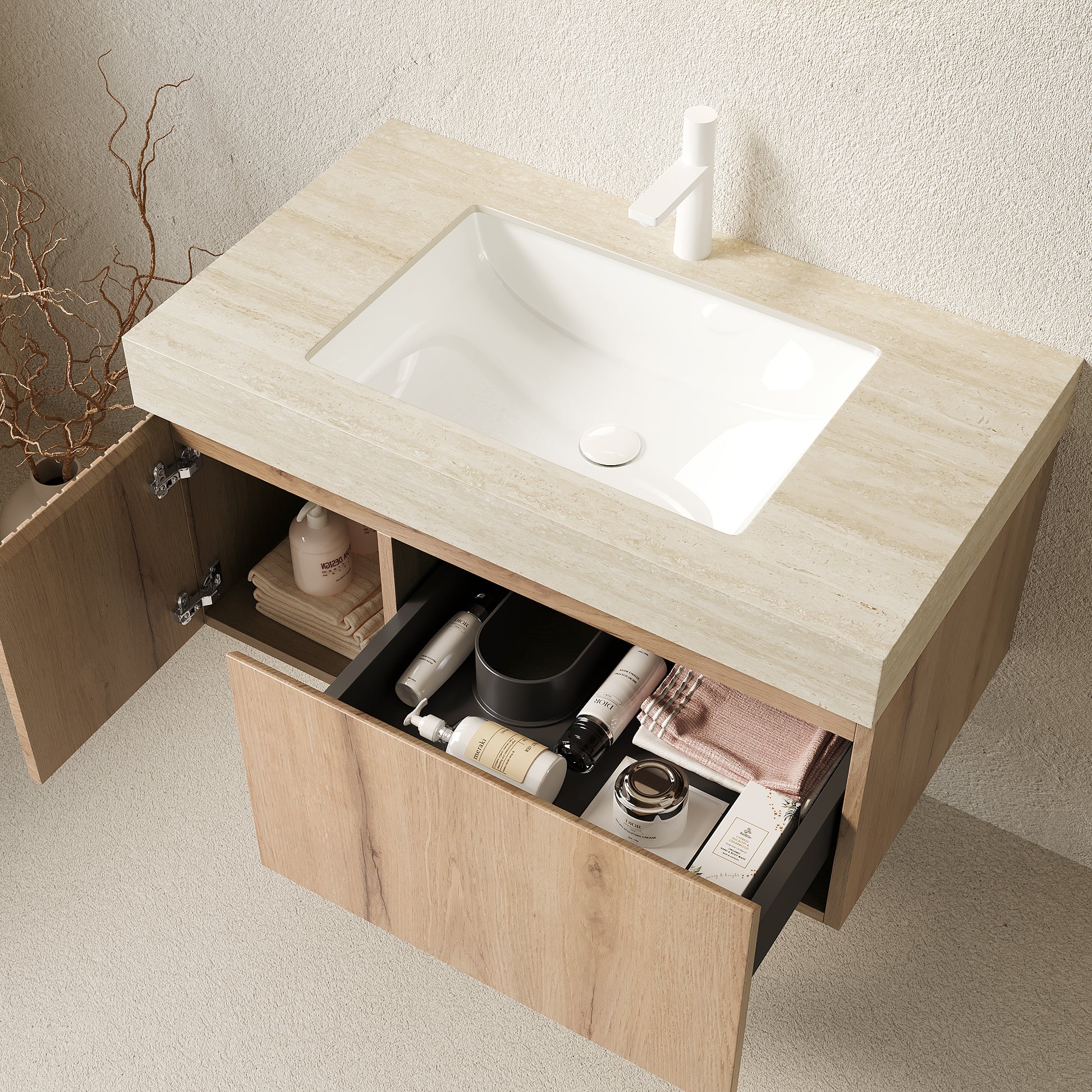 Bathroom vanity with open cabinet showing toiletries on a neutral background