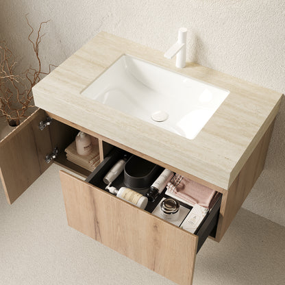 Bathroom vanity with open cabinet showing toiletries on a neutral background