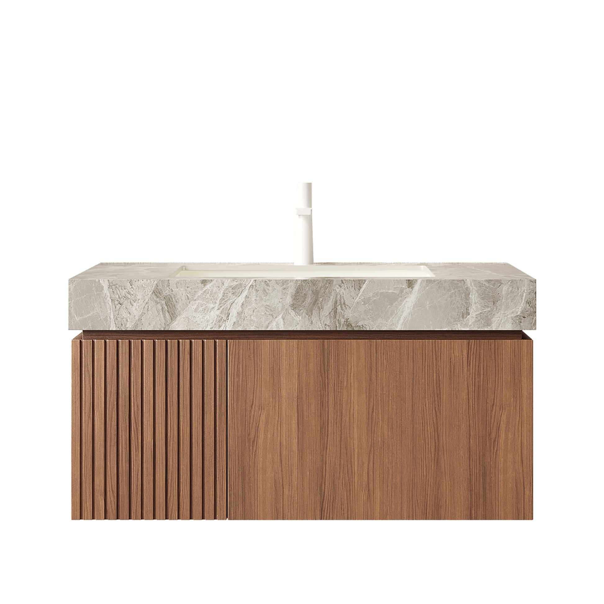 Bathroom vanity with marble countertop and wooden base on a white background
