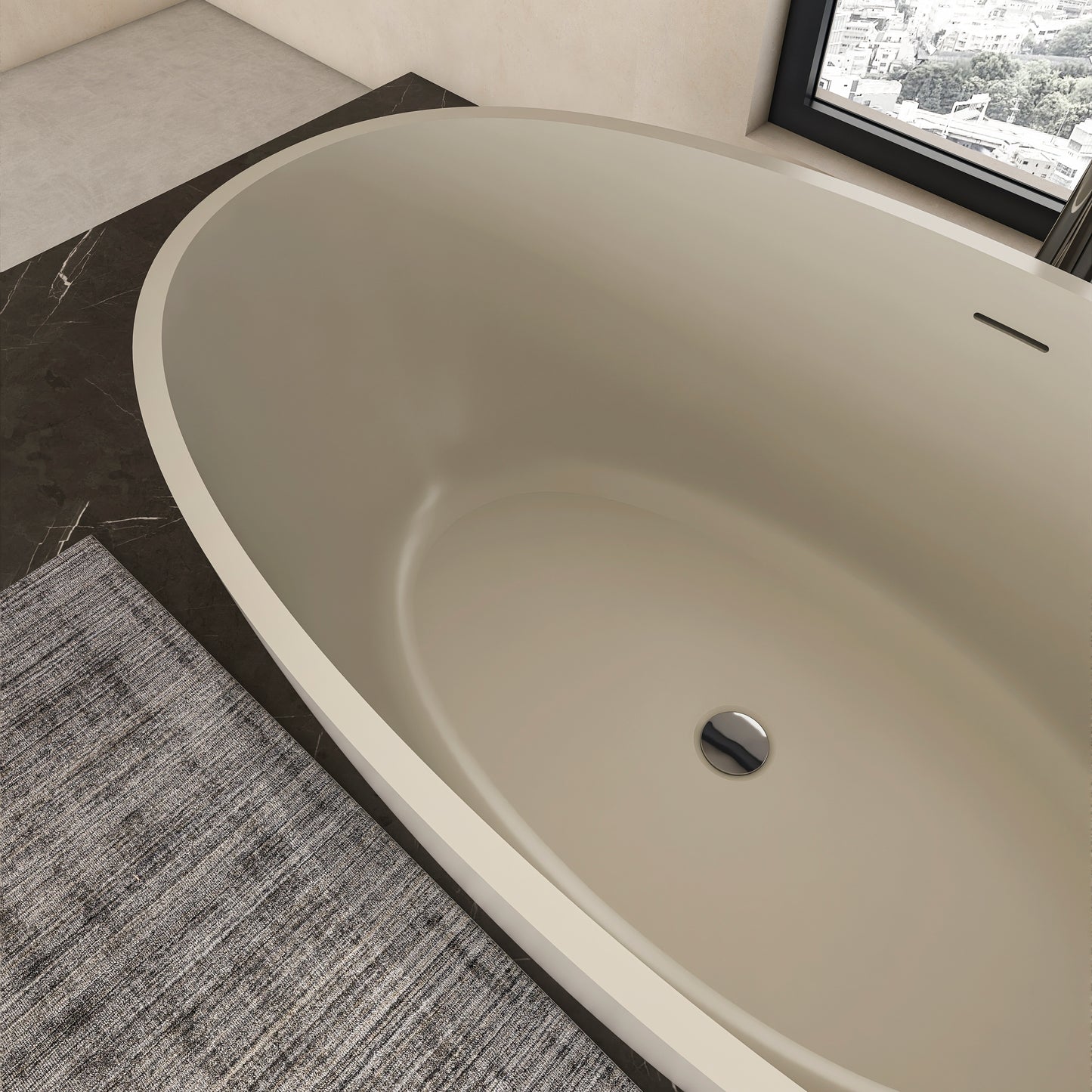 55-inch light beige solid surface oval freestanding soaking bathtub