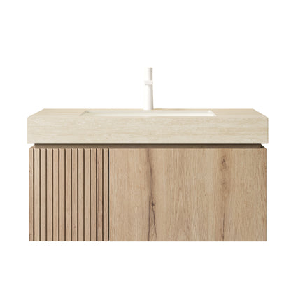 Wooden bathroom vanity with a white countertop on a white background
