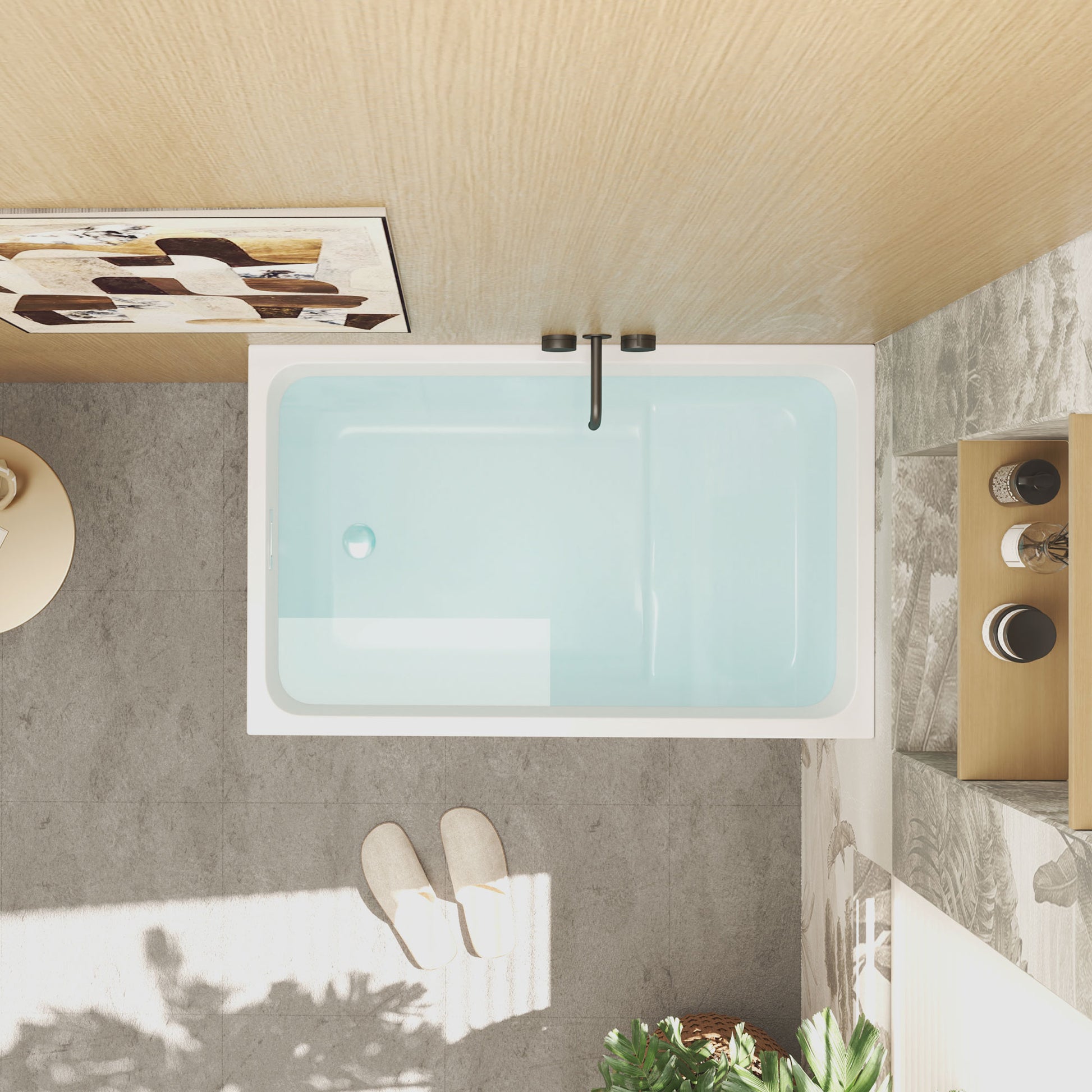 Modern bathroom with a bathtub filled with water, towels, and plants.