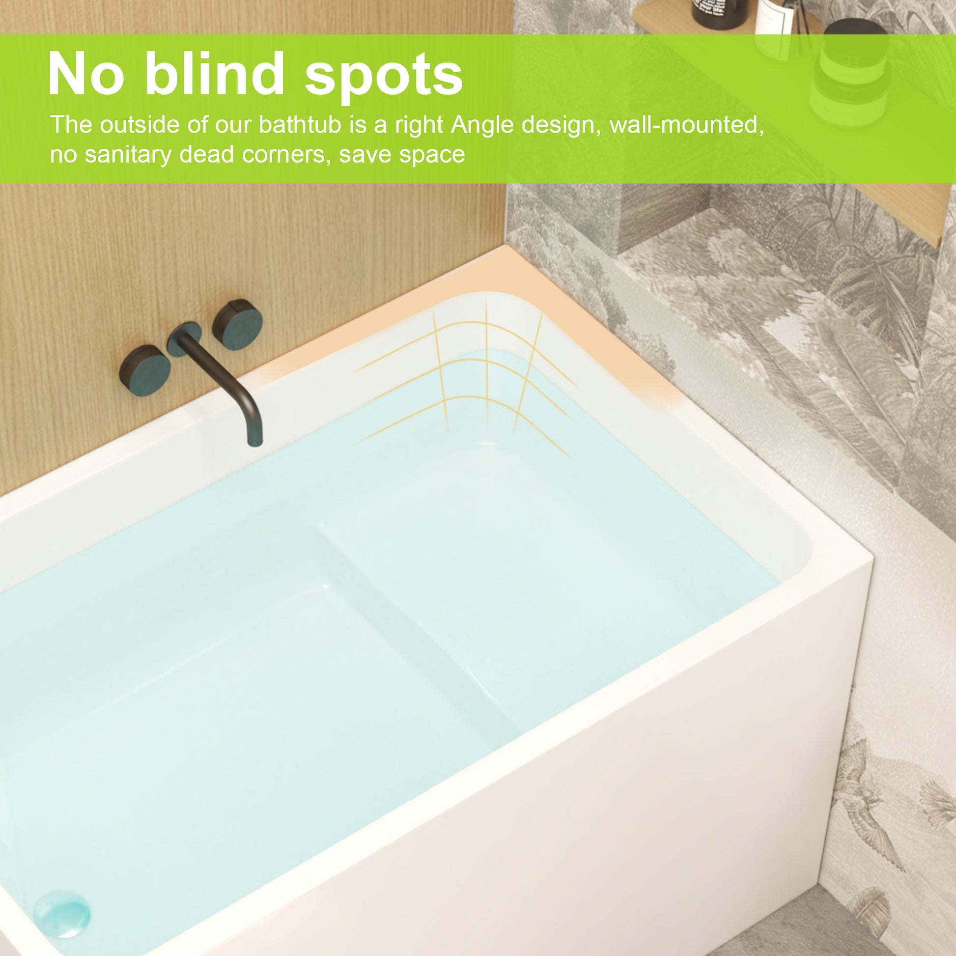 Wall-mounted bathtub with a right-angle design, no sanitary dead corners, and space-saving feature.