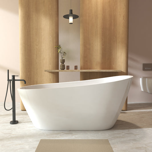 Modern bathroom with a freestanding white bathtub, wooden walls, and a light fixture.