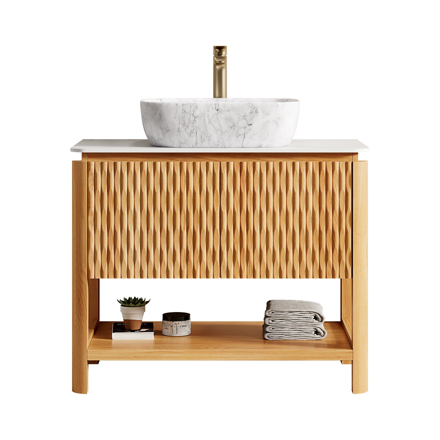 36" Bathroom Vanity & Sink  Freestanding Plywood Bathroom Storage Cabinet with 2 Bamboo Texture Doors & Open Shelf
