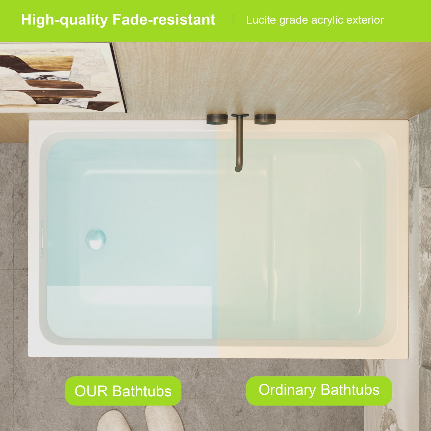 Comparison of OUR Bathtubs with ordinary bathtubs, highlighting fade-resistance and Lucite grade acrylic exterior.