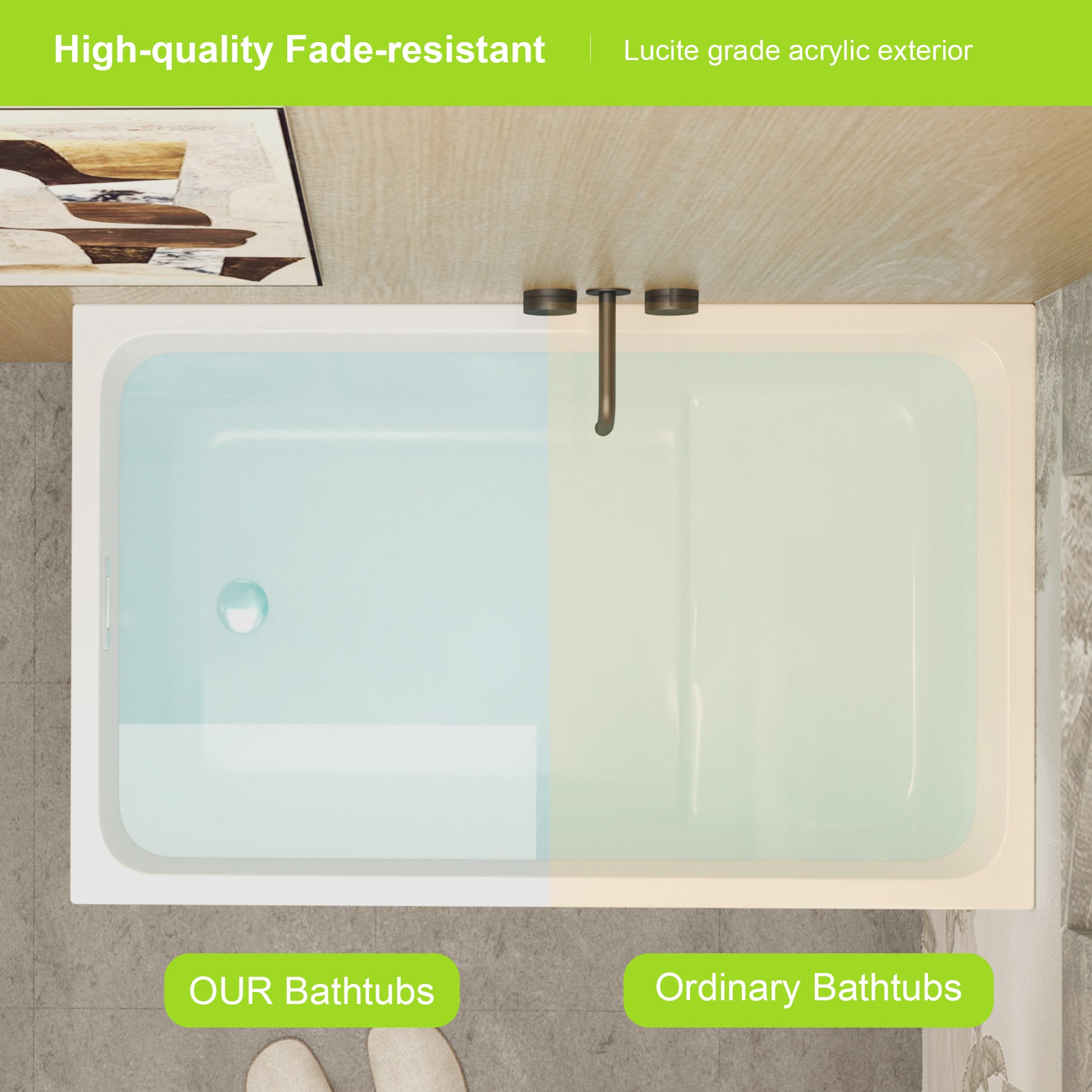 Comparison of OUR Bathtubs with ordinary bathtubs, highlighting fade-resistance and Lucite grade acrylic exterior.