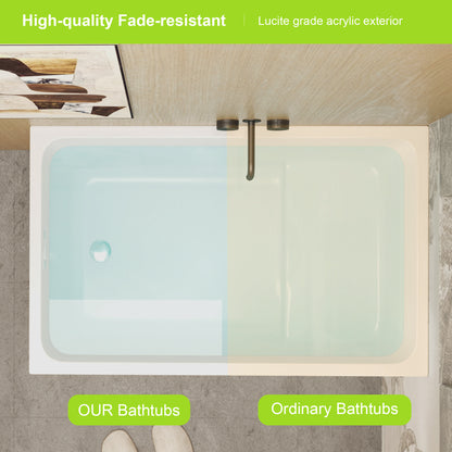 Comparison of OUR Bathtubs with ordinary bathtubs, highlighting fade-resistance and Lucite grade acrylic exterior.