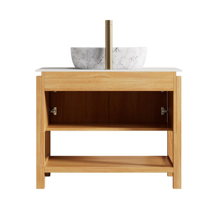 36" Bathroom Vanity & Sink  Freestanding Plywood Bathroom Storage Cabinet with 2 Bamboo Texture Doors & Open Shelf