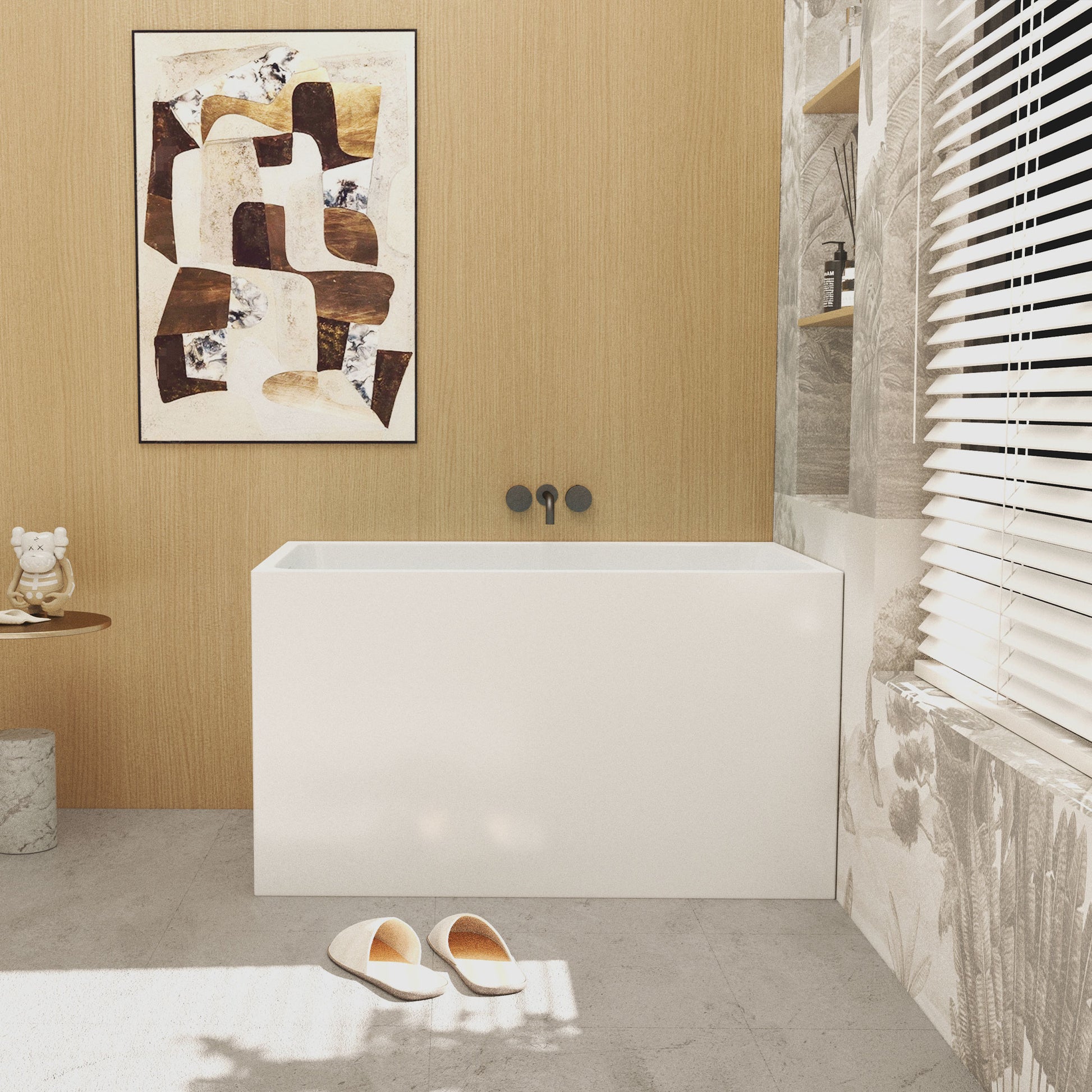 Modern bathroom with a freestanding bathtub, abstract art on the wall, and slippers on the floor.