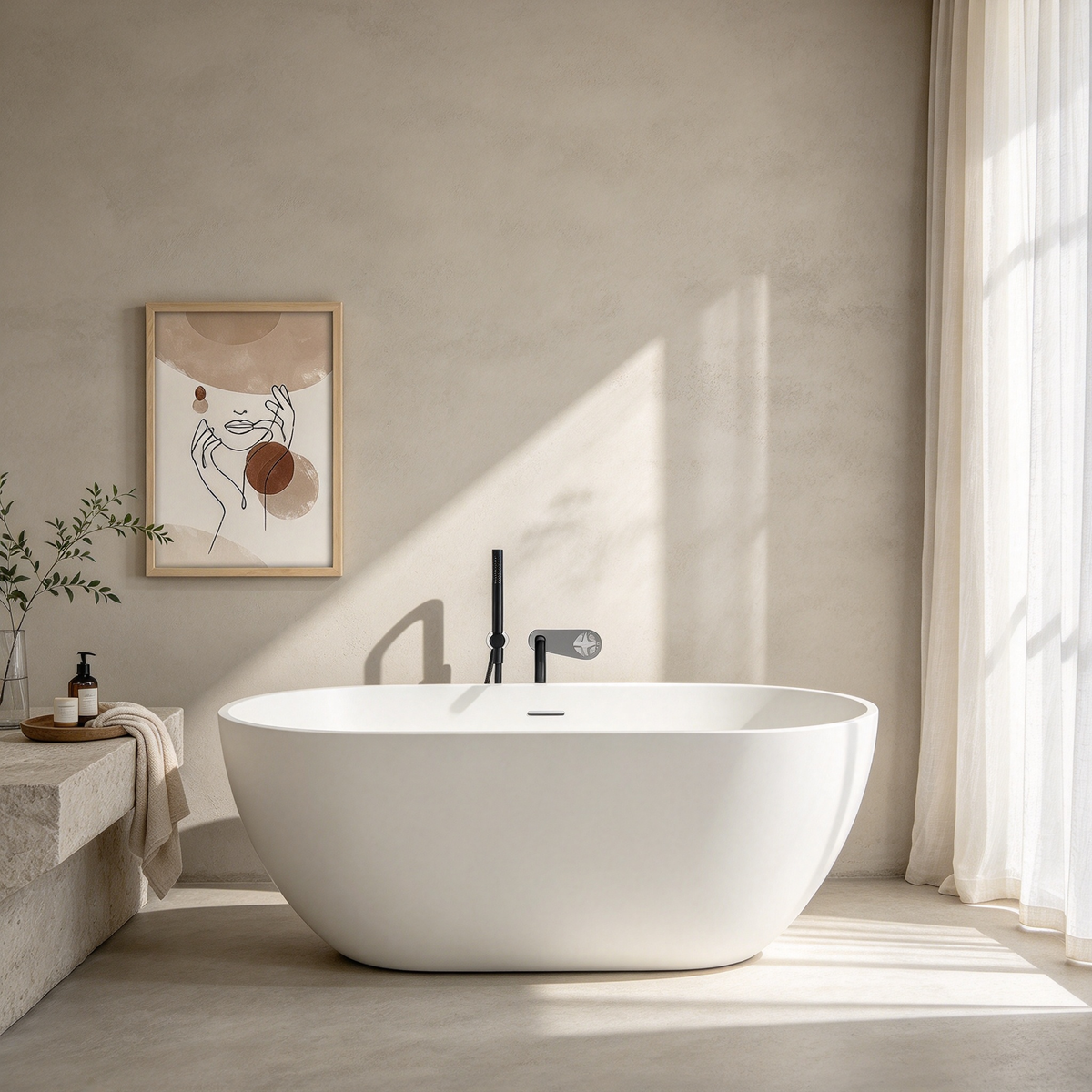 59" Solid Surface Freestanding Soaking Bathtub, Matte White