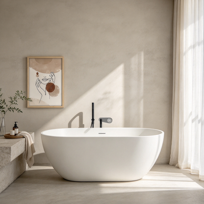 59" Solid Surface Freestanding Soaking Bathtub, Matte White