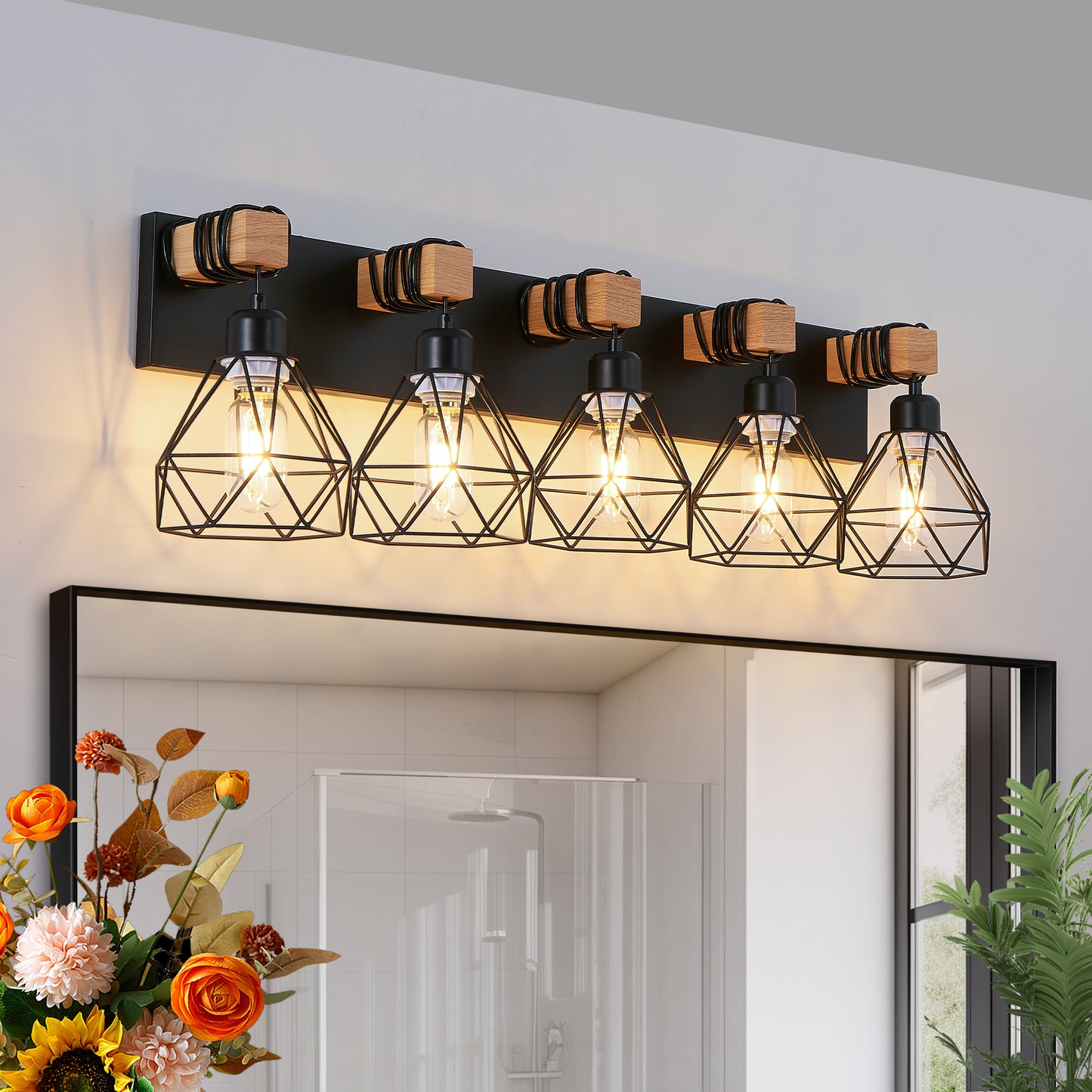 5-Light Black Vanity Light with Wood Accents - Farmhouse Metal Cage Bathroom Wall Sconce, E26 Base, Hardwired, No Bulbs