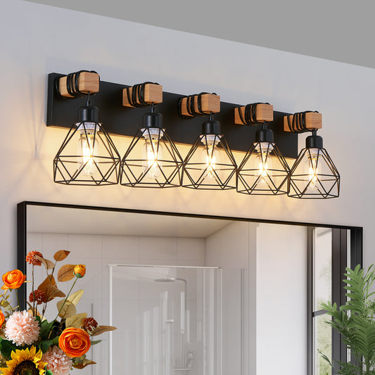 5-Light Black Vanity Light with Wood Accents - Farmhouse Metal Cage Bathroom Wall Sconce, E26 Base, Hardwired, No Bulbs