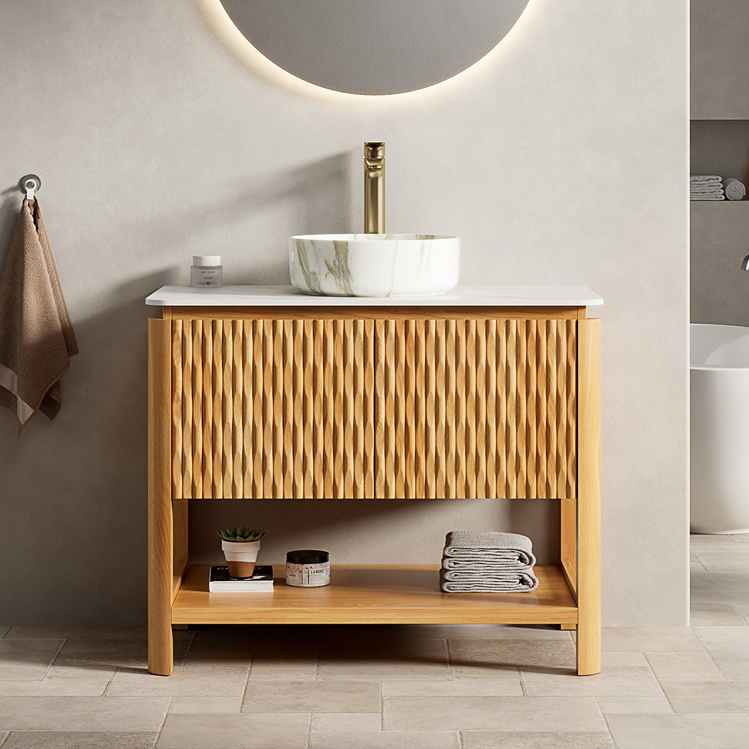 36" Bathroom Vanity & Sink  Freestanding Plywood Bathroom Storage Cabinet with 2 Bamboo Texture Doors & Open Shelf