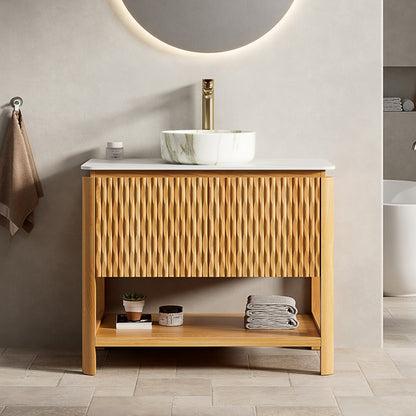 36" Bathroom Vanity & Sink  Freestanding Plywood Bathroom Storage Cabinet with 2 Bamboo Texture Doors & Open Shelf