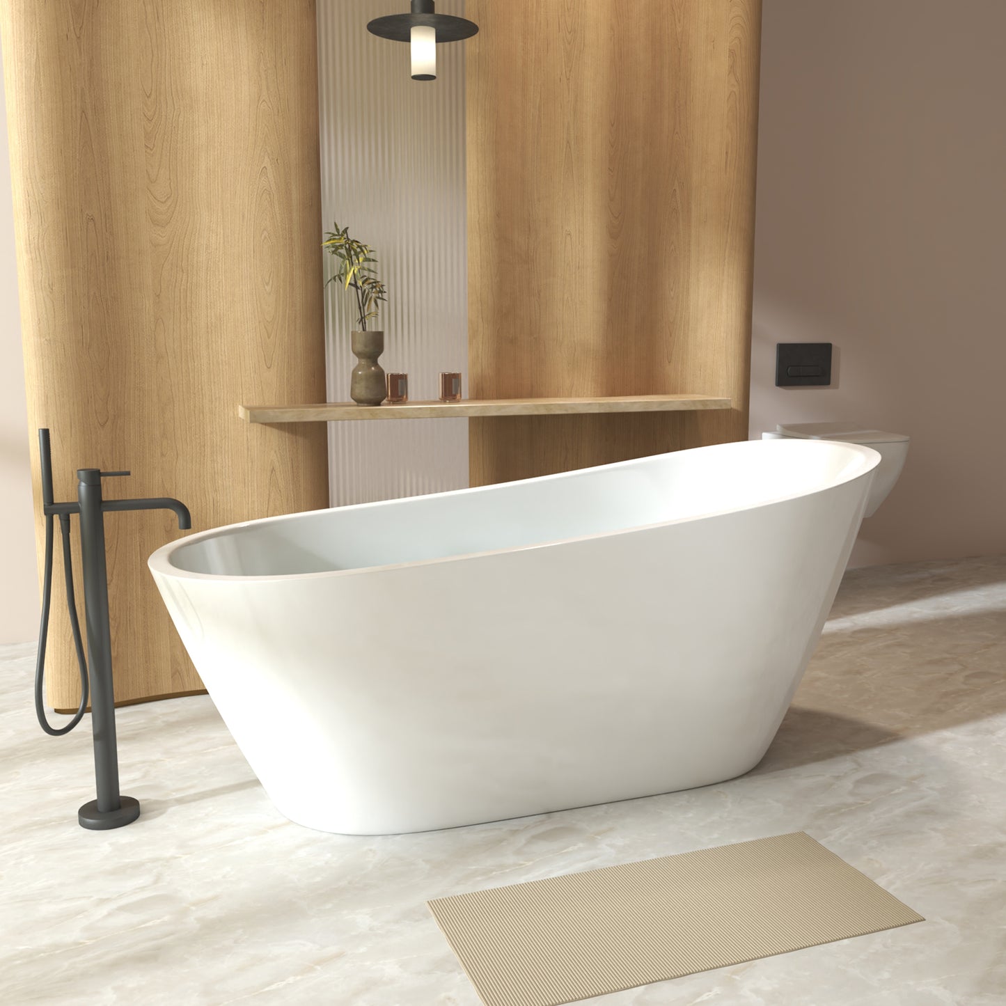 Modern bathroom with a freestanding white bathtub, black faucet, and wooden shelf.