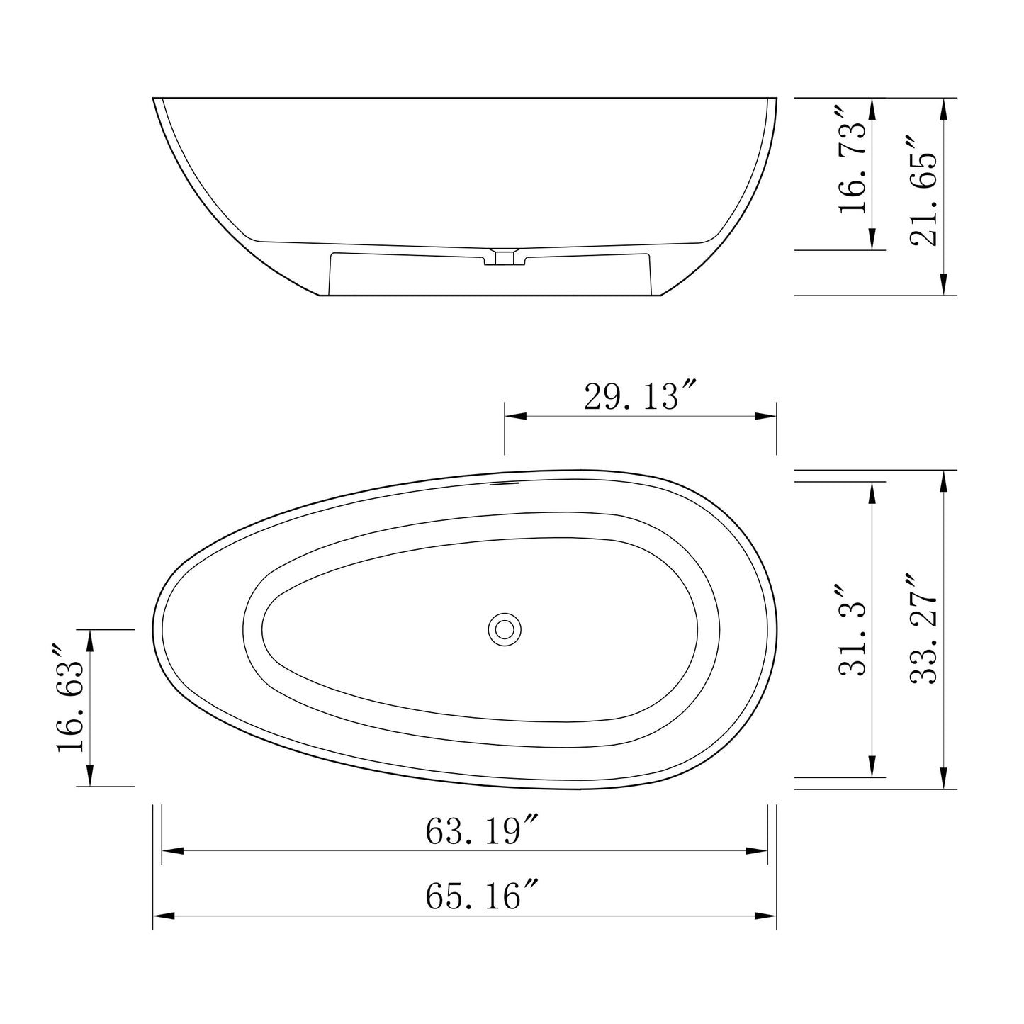 65” Freestanding Solid Surface Soaking Bathtub for Bathroom
