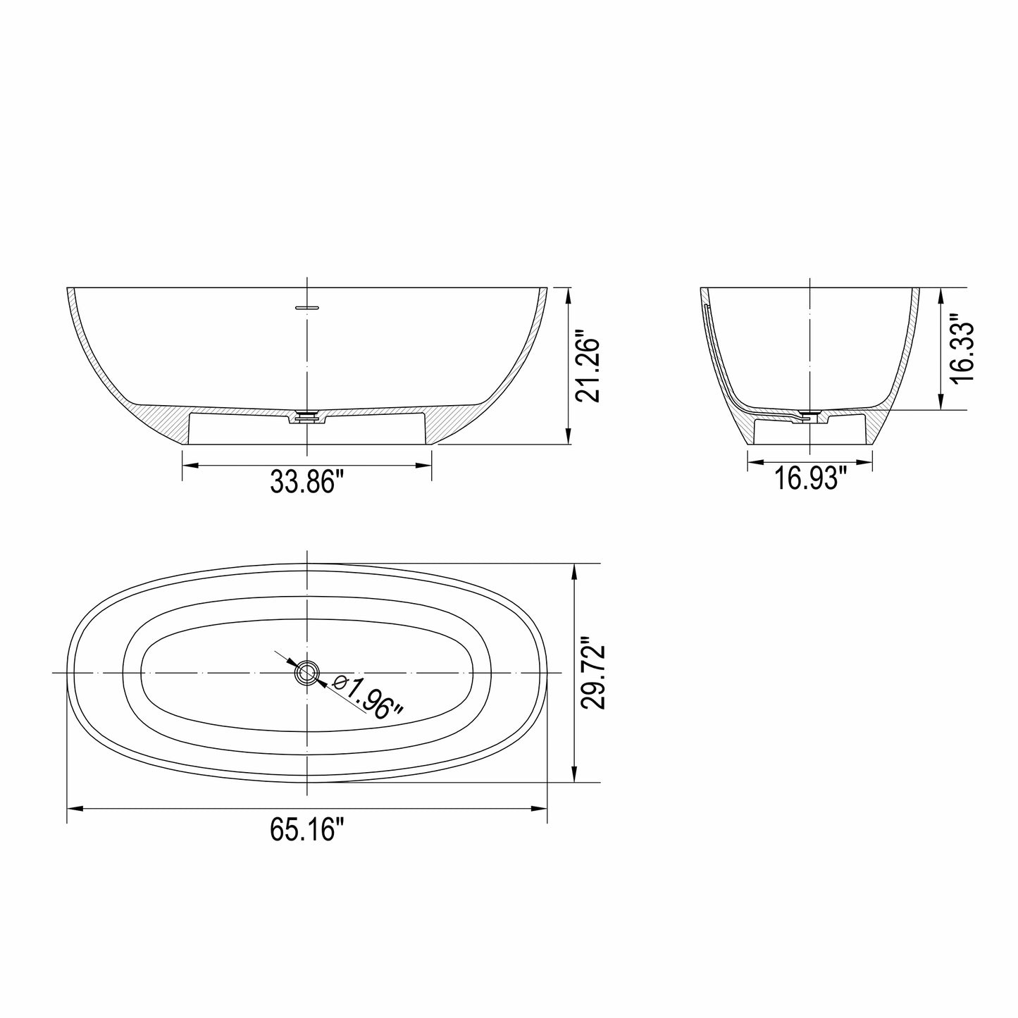 65.2” Freestanding Solid Surface Soaking Bathtub for Bathroom