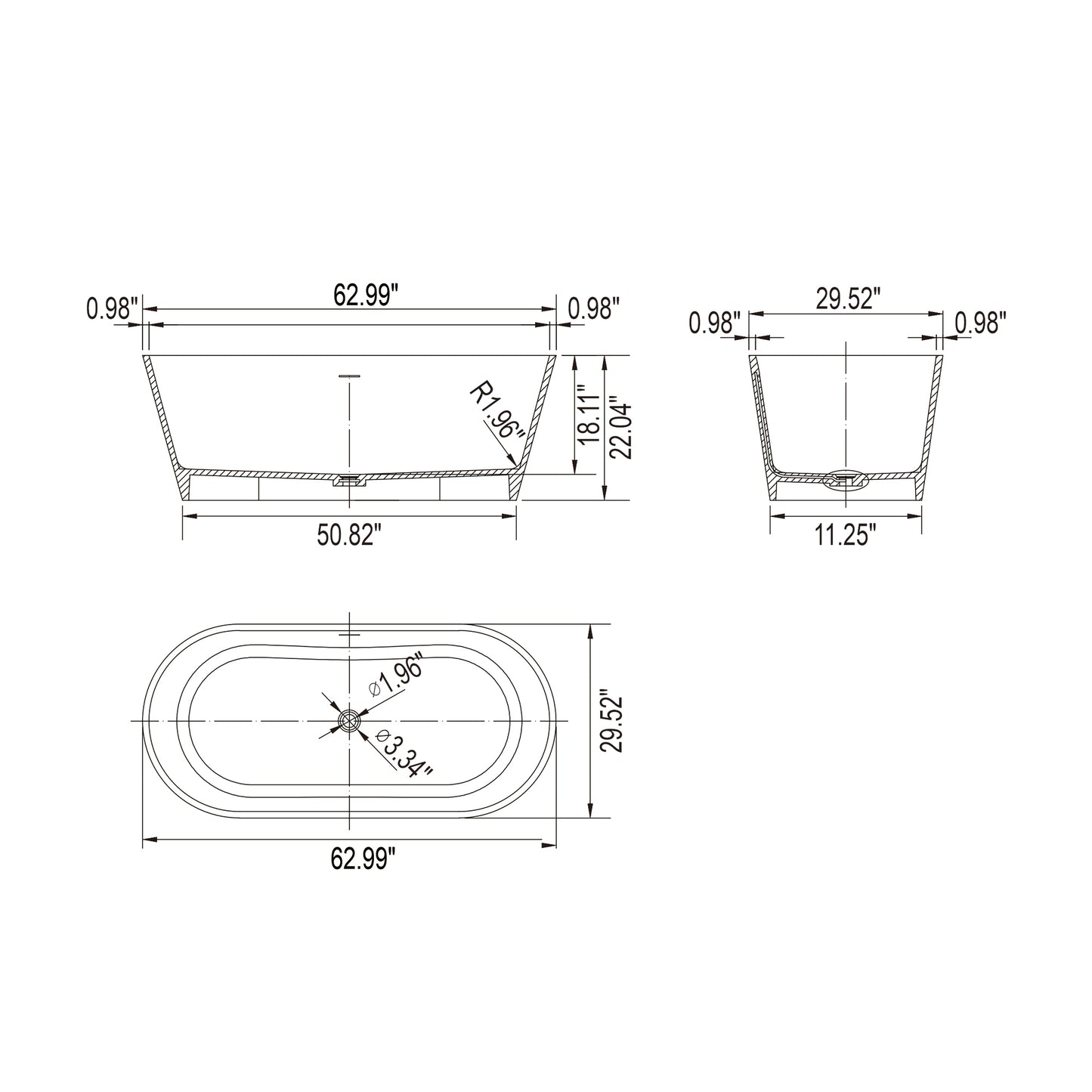 63” Freestanding Solid Surface Soaking Bathtub For Bathroom