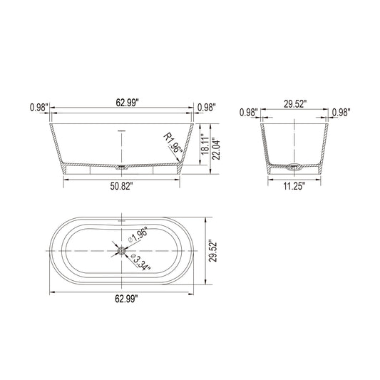 63” Freestanding Solid Surface Soaking Bathtub For Bathroom