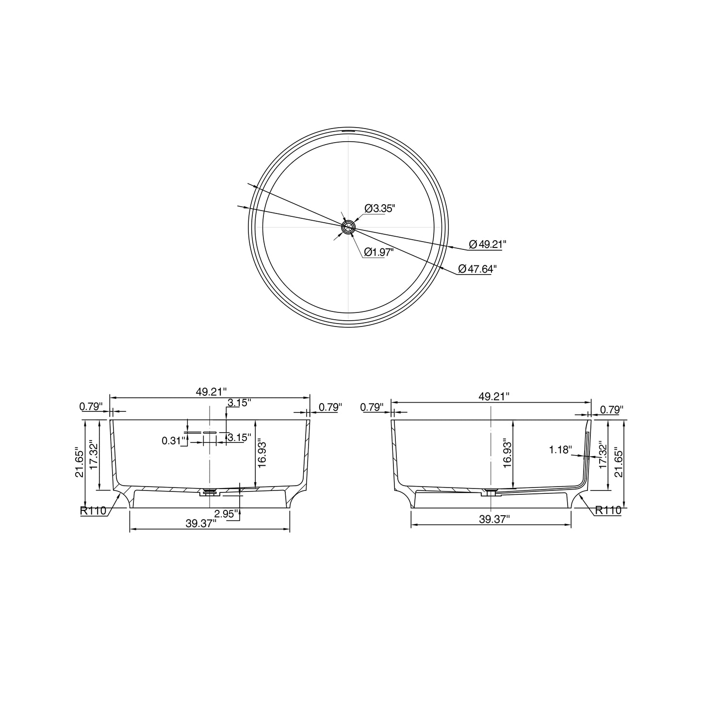 49” round shape freestanding solid surface soaking bathtub for bathroom