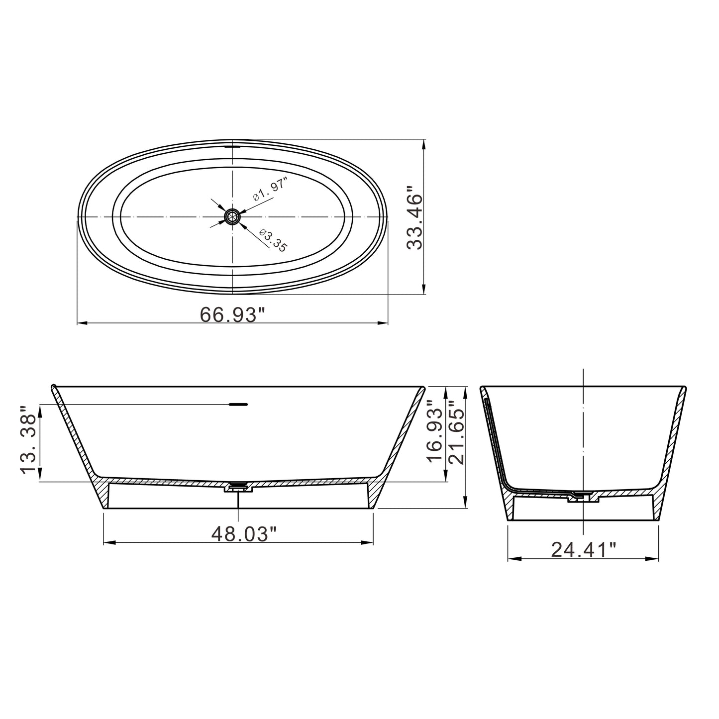 66.9“ Freestanding Solid Surface Soaking Bathtub for Bathroom
