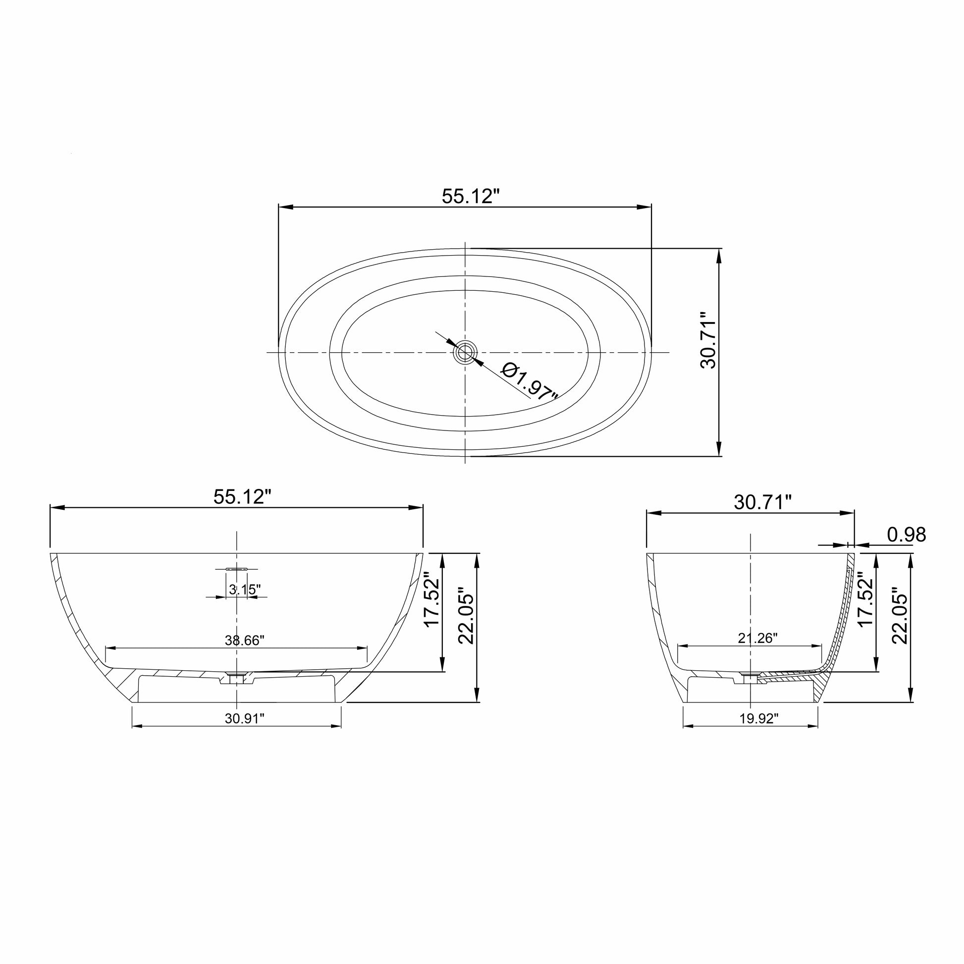 55-inch light beige solid surface oval freestanding soaking bathtub