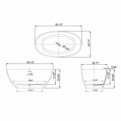 55-inch light beige solid surface oval freestanding soaking bathtub