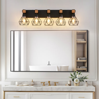 5-Light Black Vanity Light with Wood Accents - Farmhouse Metal Cage Bathroom Wall Sconce, E26 Base, Hardwired, No Bulbs