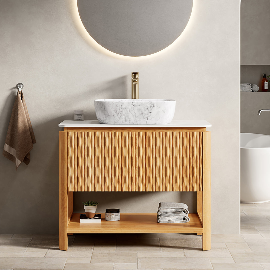 36" Bathroom Vanity & Sink  Freestanding Plywood Bathroom Storage Cabinet with 2 Bamboo Texture Doors & Open Shelf