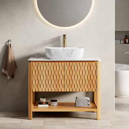 36" Bathroom Vanity & Sink  Freestanding Plywood Bathroom Storage Cabinet with 2 Bamboo Texture Doors & Open Shelf