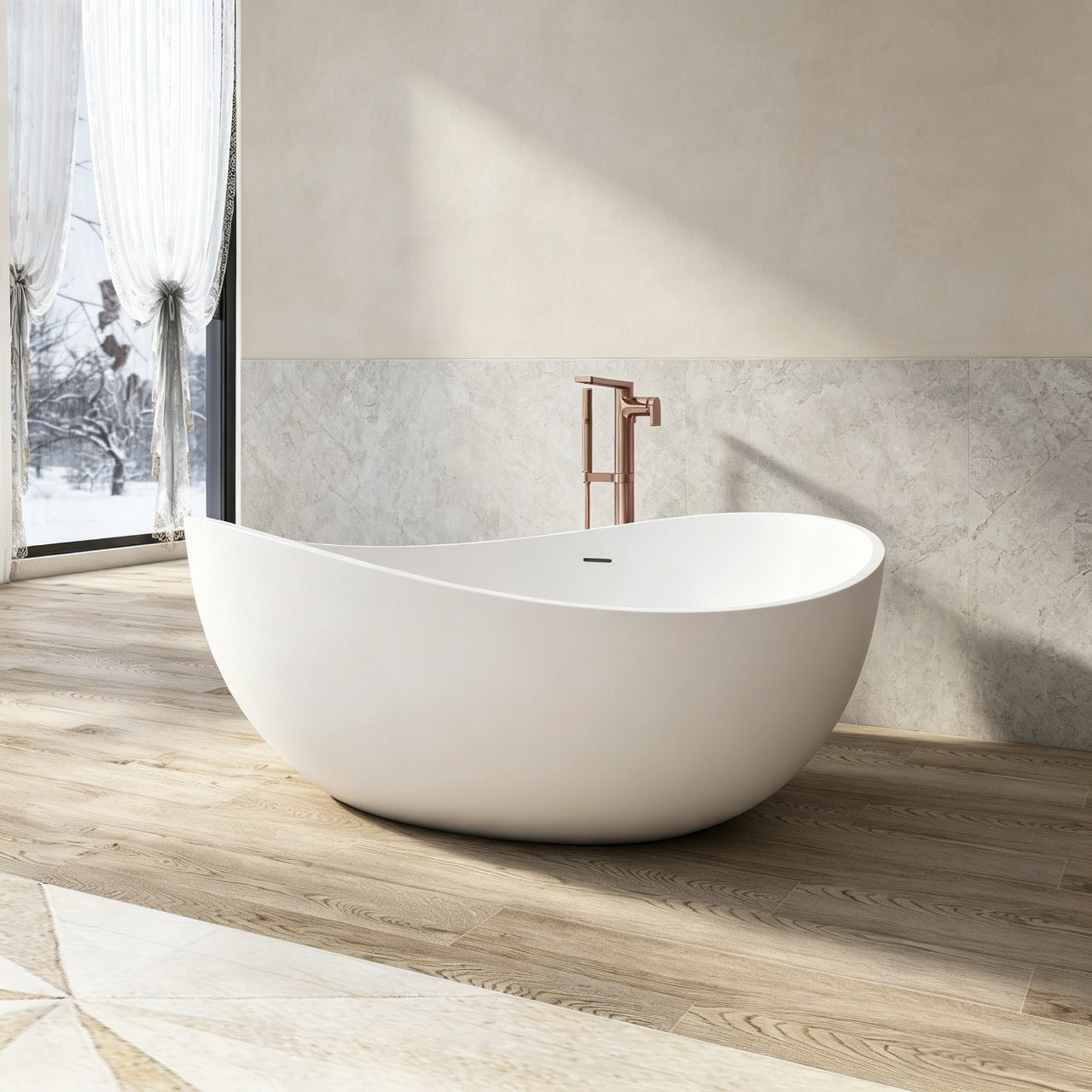 63" Freestanding Solid Surface Soaking Bathtub for Bathroom
