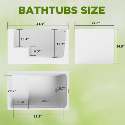 Dimensions of different bathtub shapes on a green background