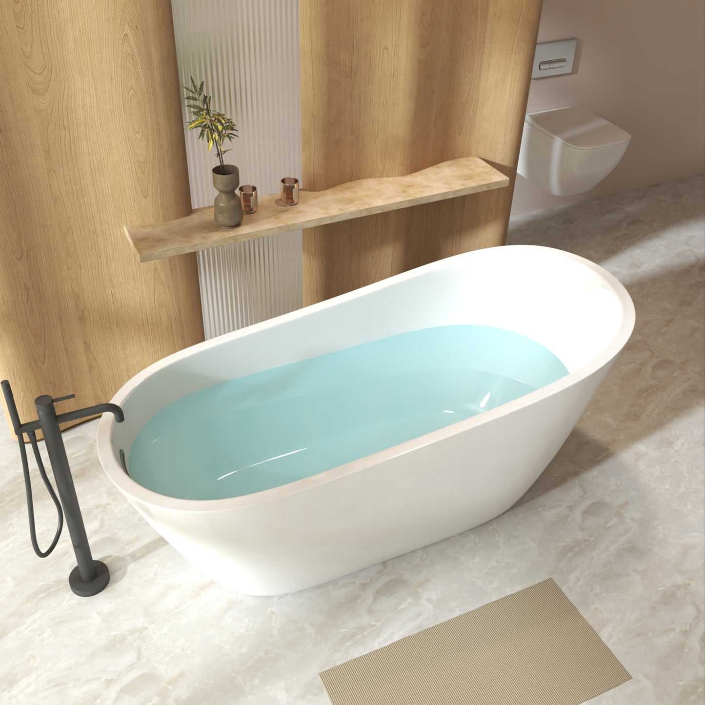 Modern bathroom with a freestanding bathtub filled with water, wooden shelf, and decorative elements.