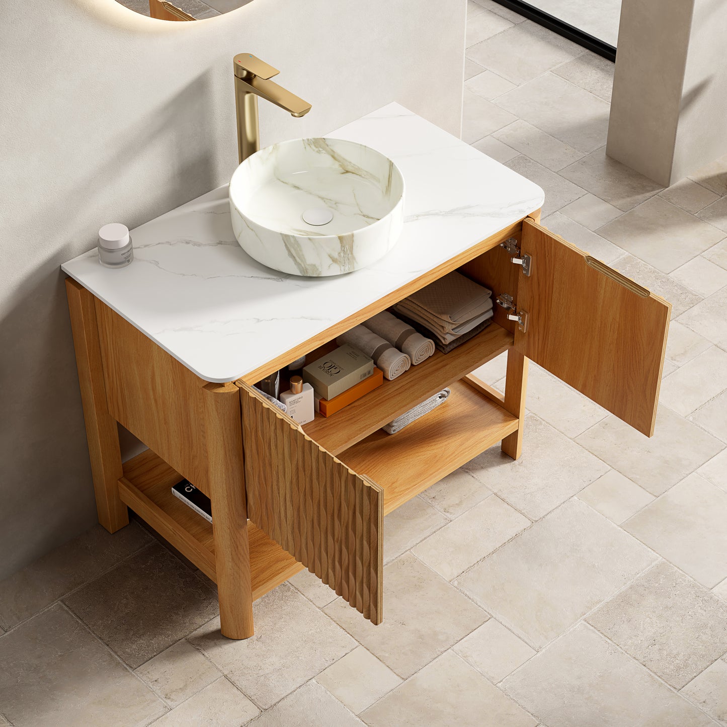 36" Bathroom Vanity & Sink  Freestanding Plywood Bathroom Storage Cabinet with 2 Bamboo Texture Doors & Open Shelf