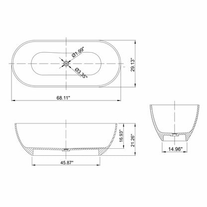 68.9” Translucent Grey Blue Oval Freestanding Soaking Bathtub for Bathroom