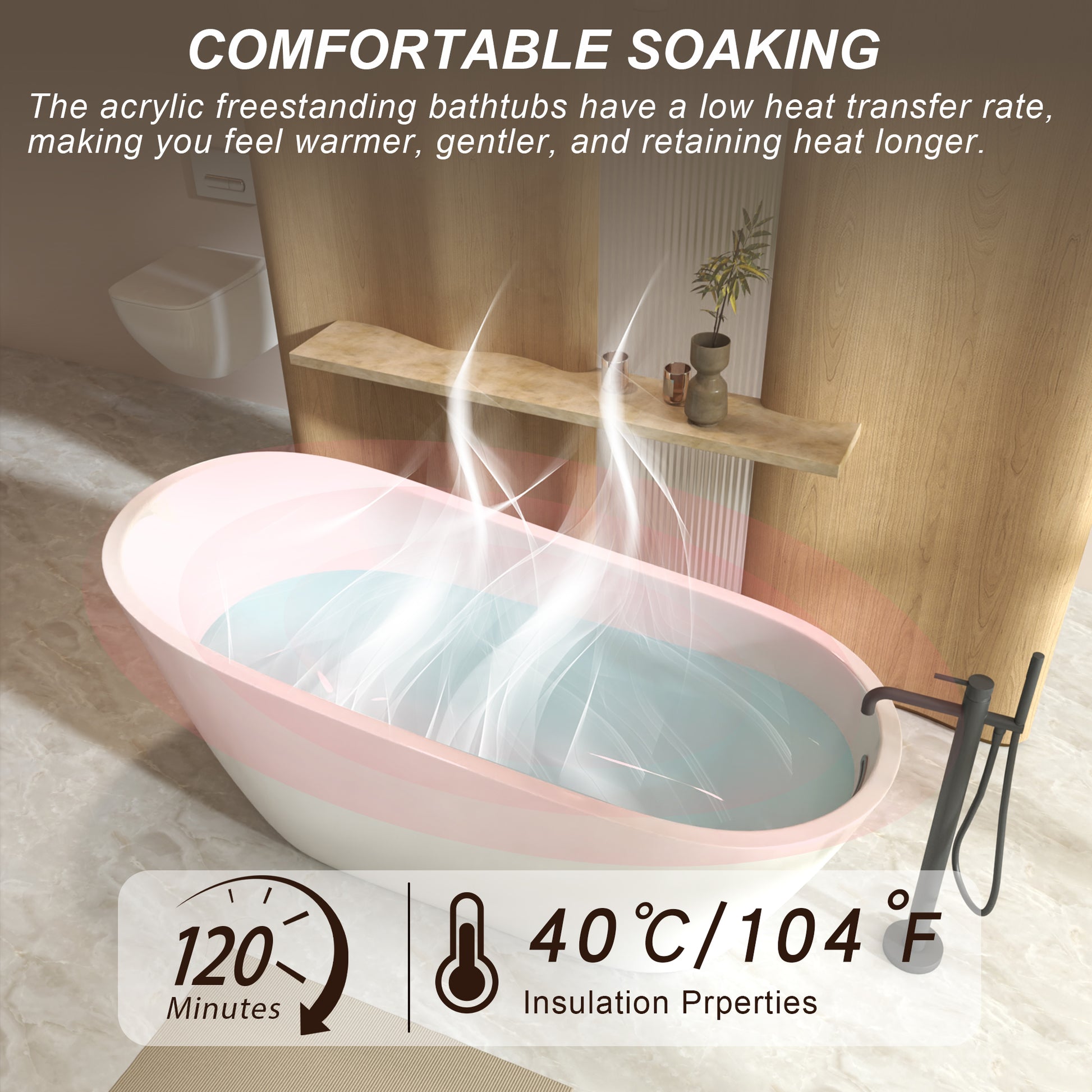 Pink freestanding bathtub with steam rising, set against a wooden wall.