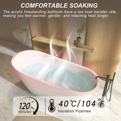 Pink freestanding bathtub with steam rising, set against a wooden wall.
