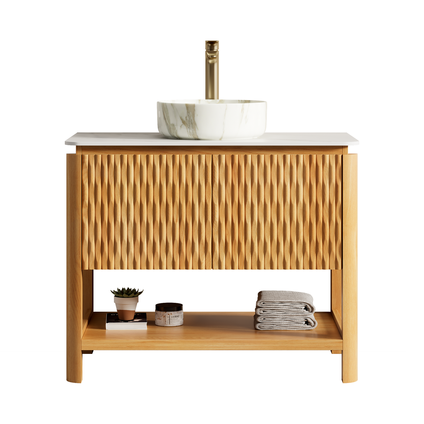 36" Bathroom Vanity & Sink  Freestanding Plywood Bathroom Storage Cabinet with 2 Bamboo Texture Doors & Open Shelf
