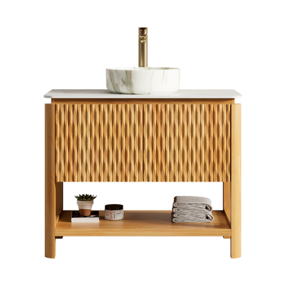 36" Bathroom Vanity & Sink  Freestanding Plywood Bathroom Storage Cabinet with 2 Bamboo Texture Doors & Open Shelf