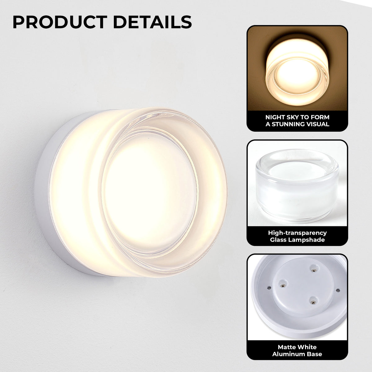 Modern White Round Glass LED Wall Sconce, 8W Warm White Wall Light for Living Room, Bedroom, Hallway & Bathroom